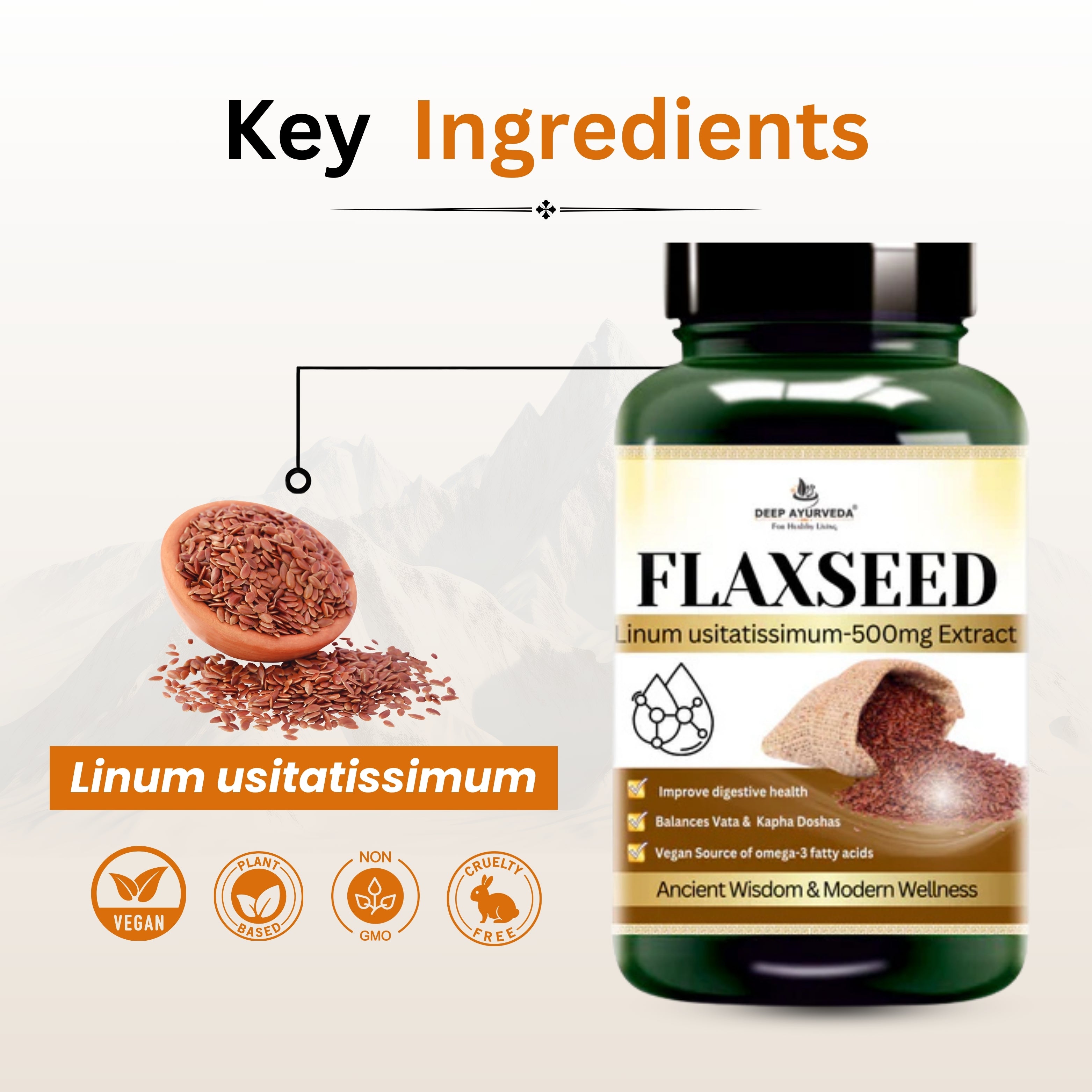Flaxseed Vegan Capsules - Supports Heart Health, Digestion & Skin Wellness - Deep Ayurveda India
