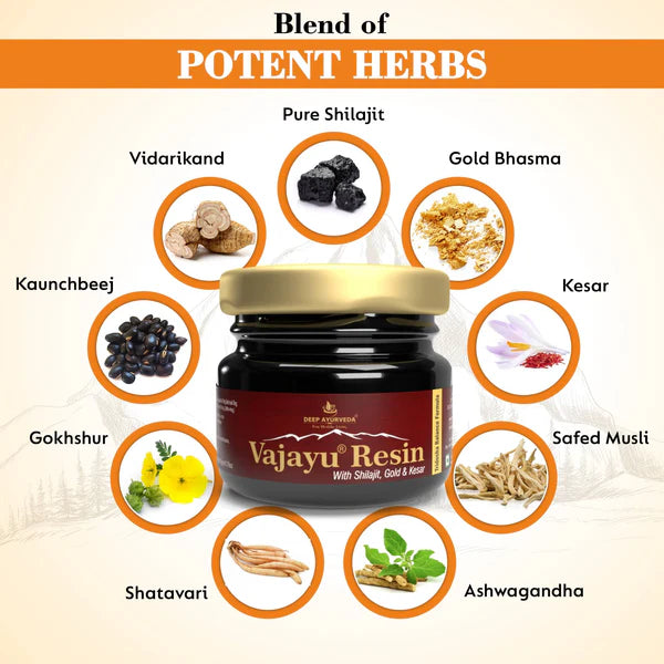 Vajayu 50 Prash + Pure Shilajit Gold Resin Combo - Deep Ayurveda India