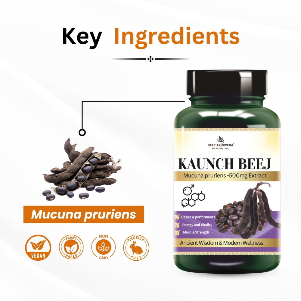 Kaunch beej capsules enhances stamina, strength and reproductive health key ingredients by Deep Ayurveda