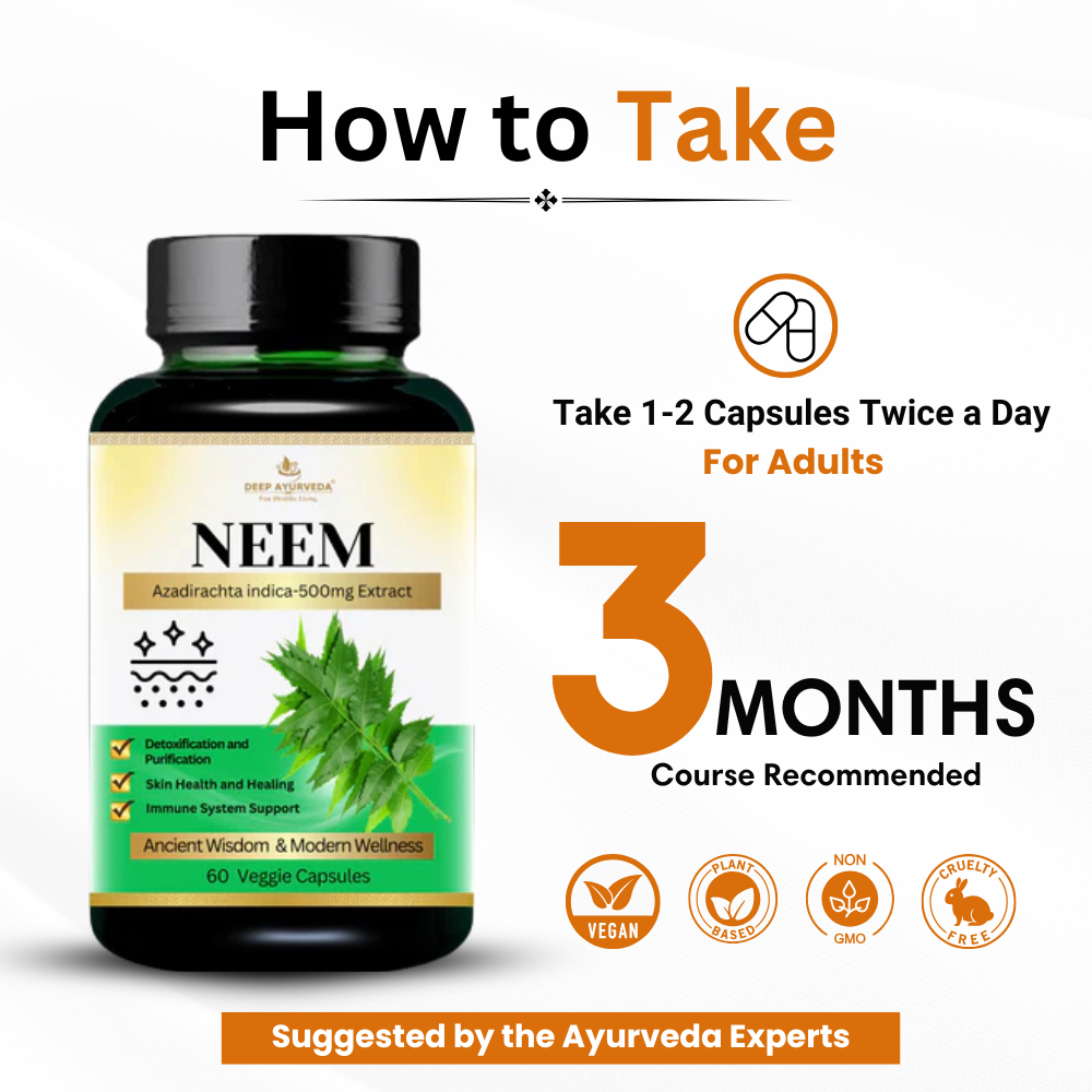 Neem Vegan Capsules Supports Skin Health, Immunity and Detoxification by Deep Ayurveda 3 months course recommended by doctors