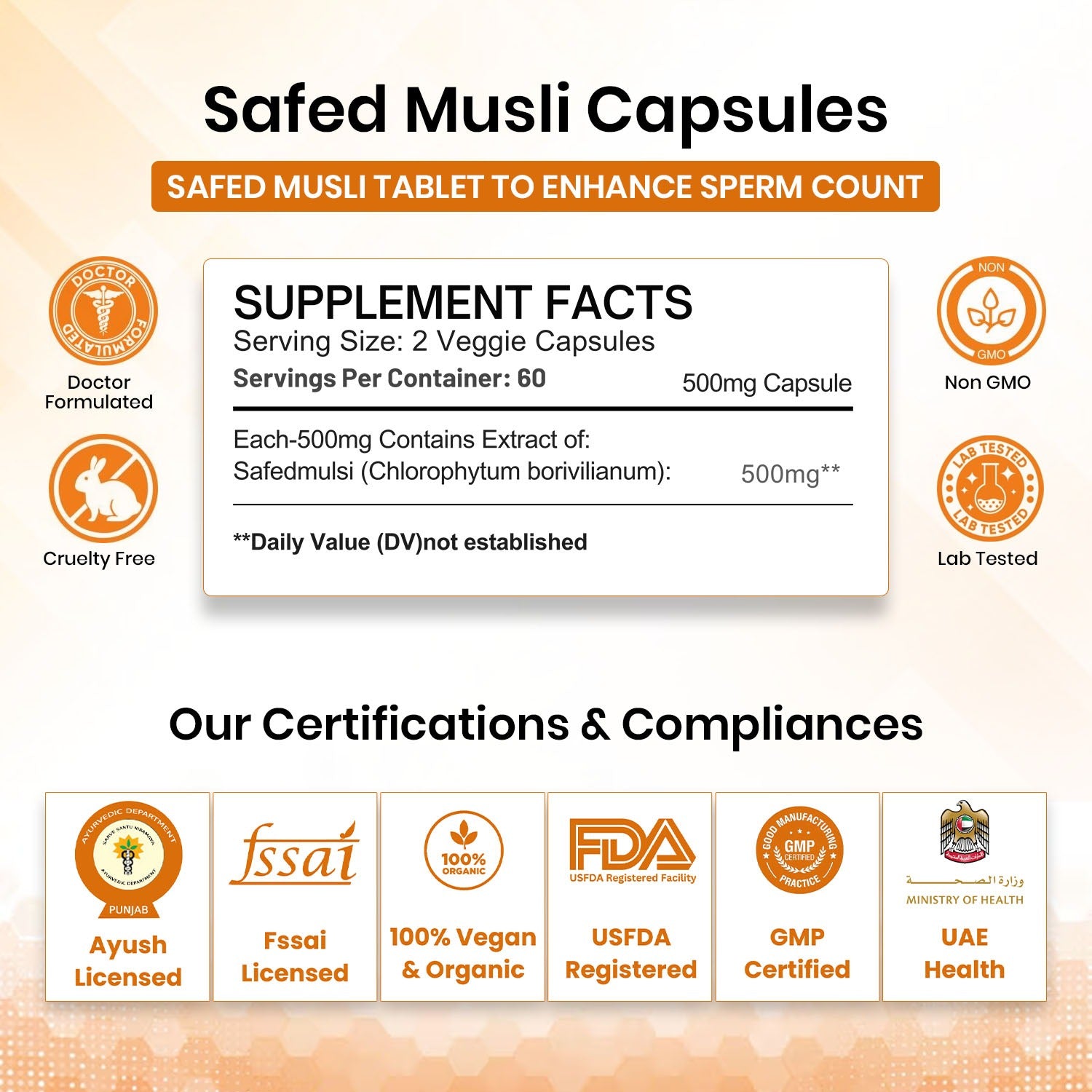 Supplement facts label for Safed Musli Capsules with certifications and compliances on a beige background.