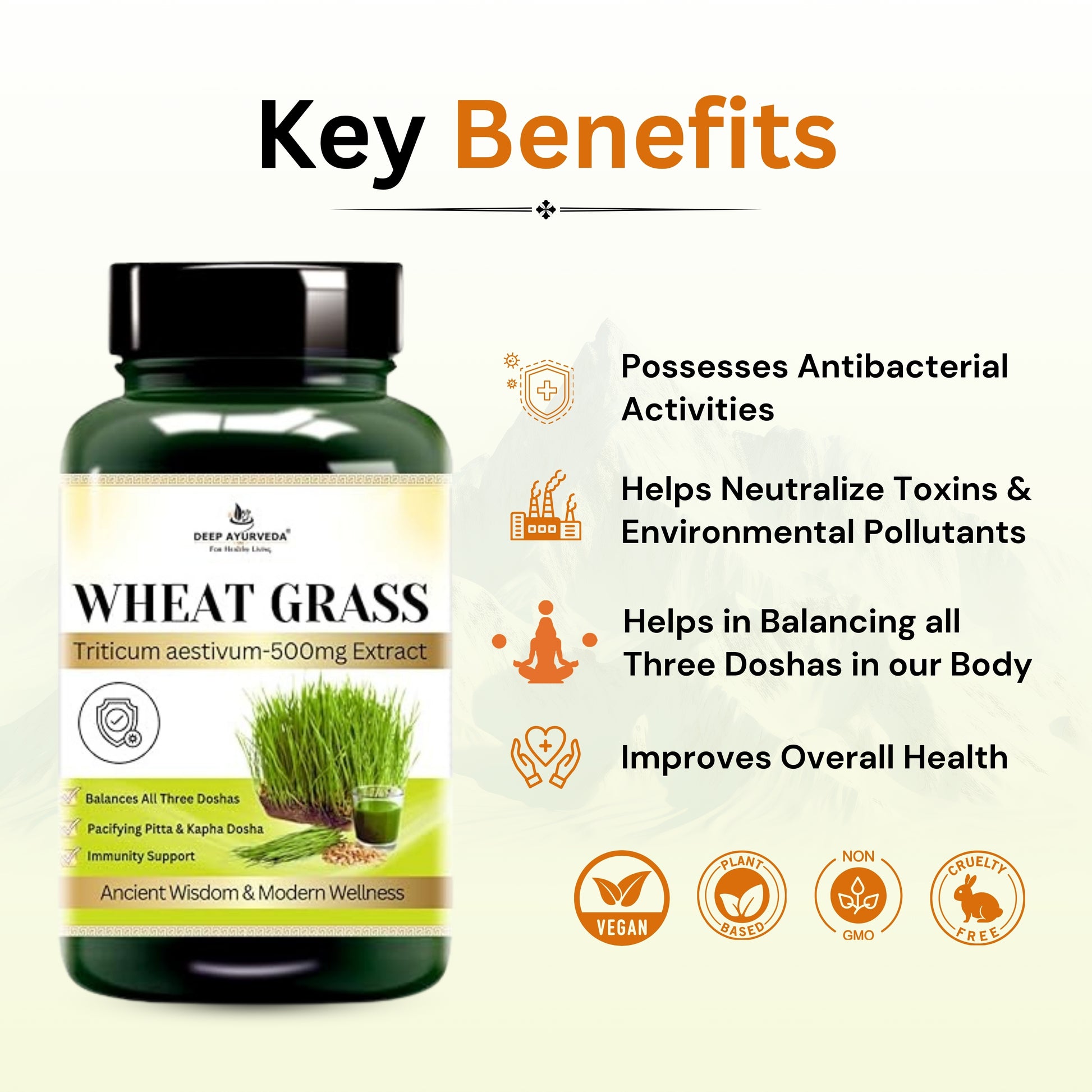 Wheatgrass Vegan Capsules - Detoxifies, Boosts Immunity & Promotes Wellness - Deep Ayurveda India