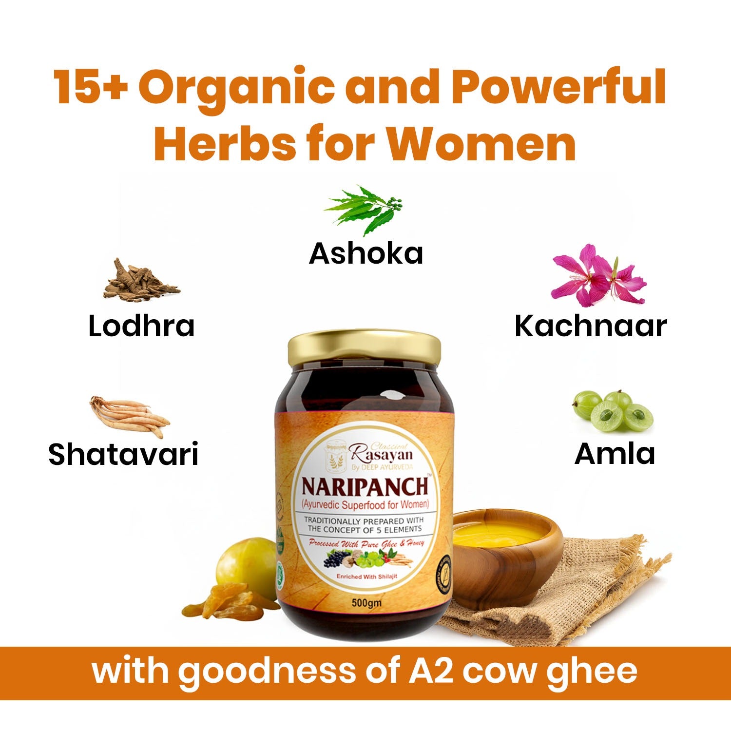 Naripanch supplement with organic herbs and cow ghee on a white background