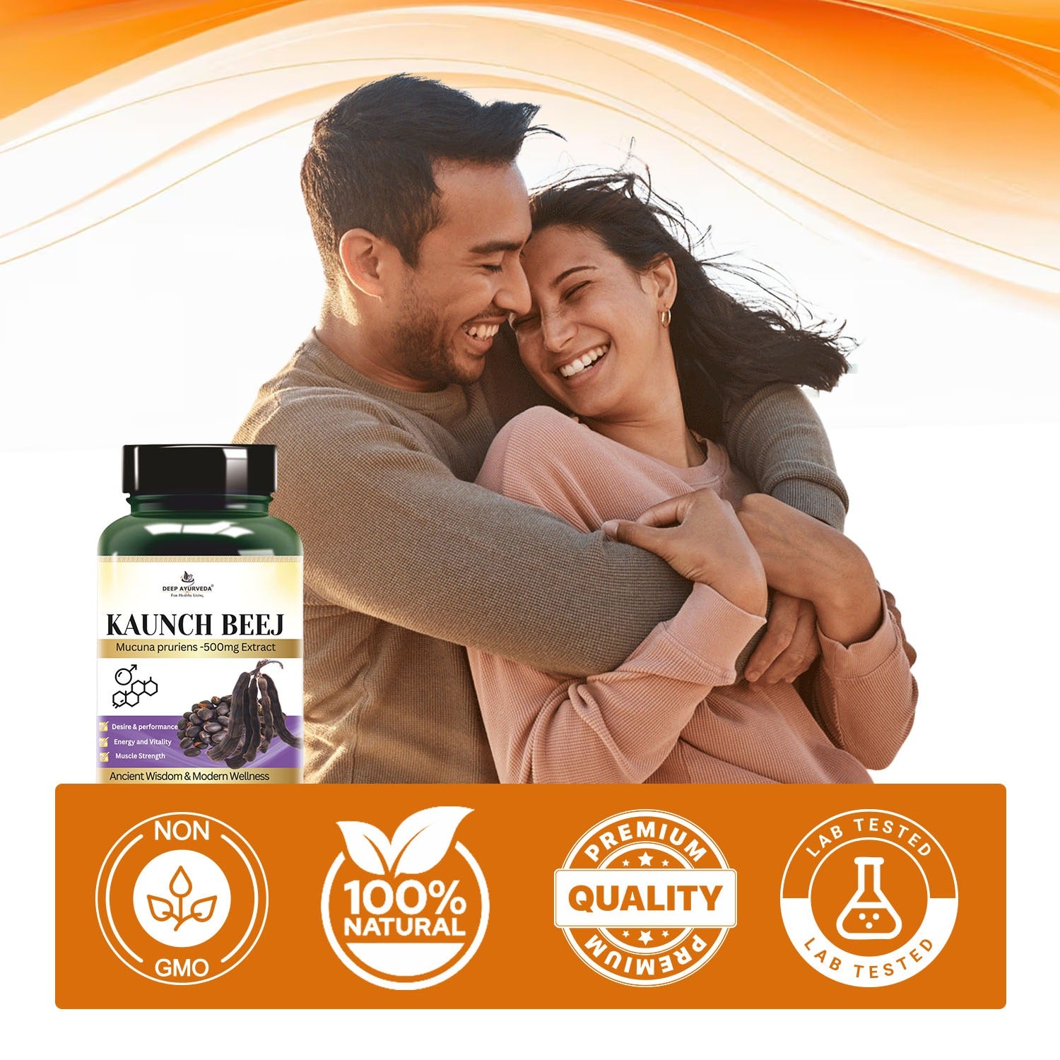 Couple embracing with a bottle of Kaunch Beej and quality assurance logos on an orange background
