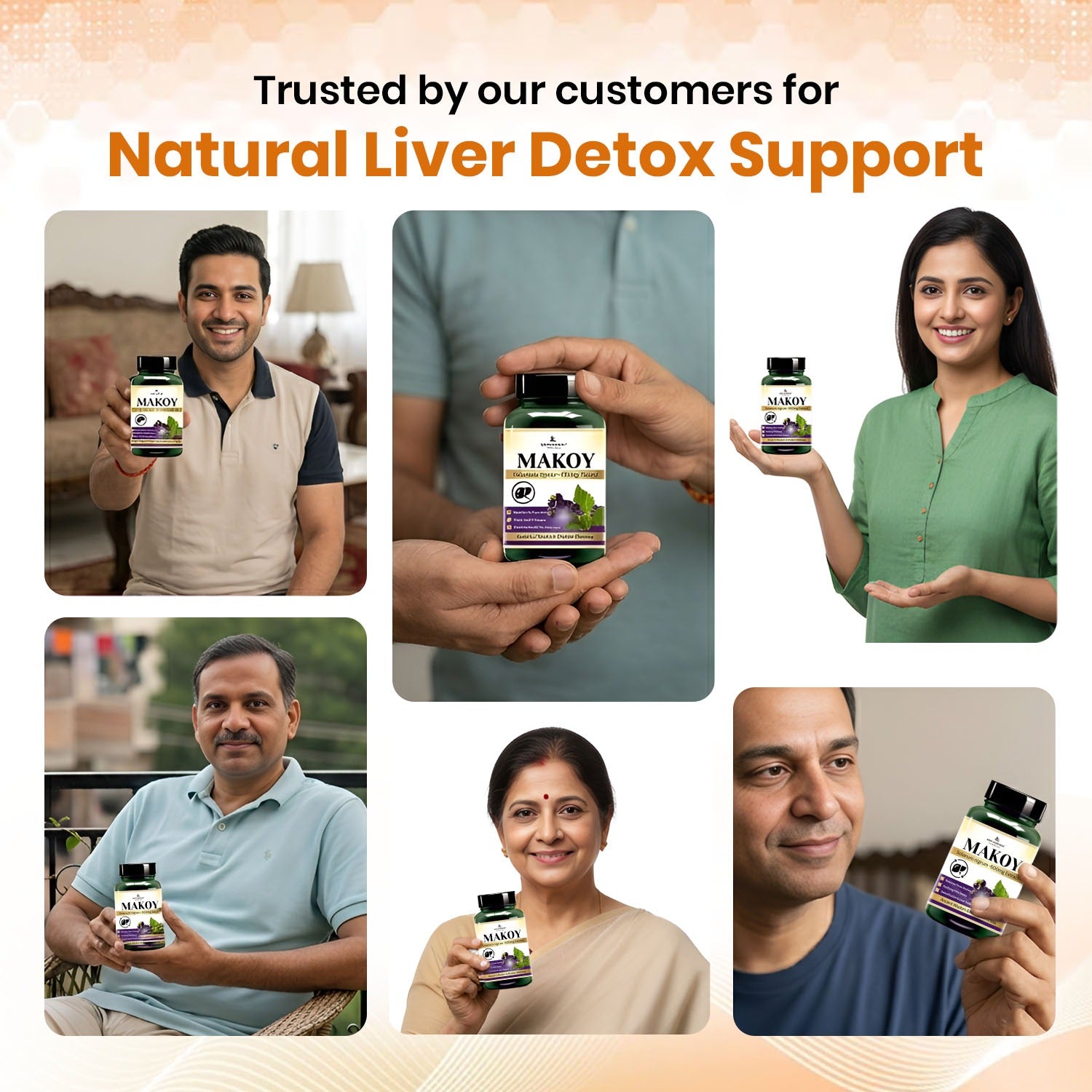 Collage of people holding Makoy liver detox support products with text 'Trusted by our customers for Natural Liver Detox Support'.
