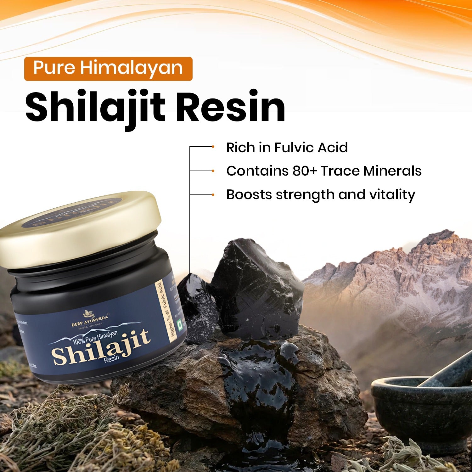 Jar of Shilajit Resin with mountainous background and product features listed.