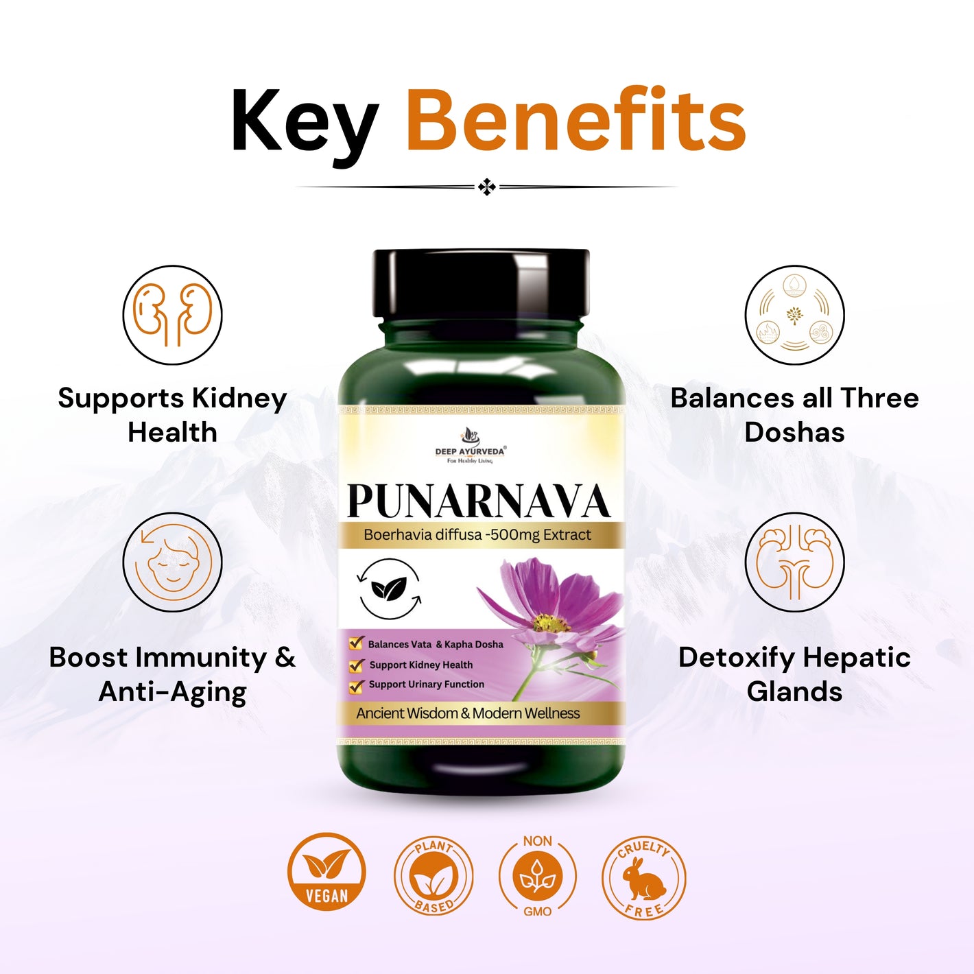 Punarnava Vegan Capsules - Promotes Kidney Health, Detoxification & Urinary Wellness - Deep Ayurveda India
