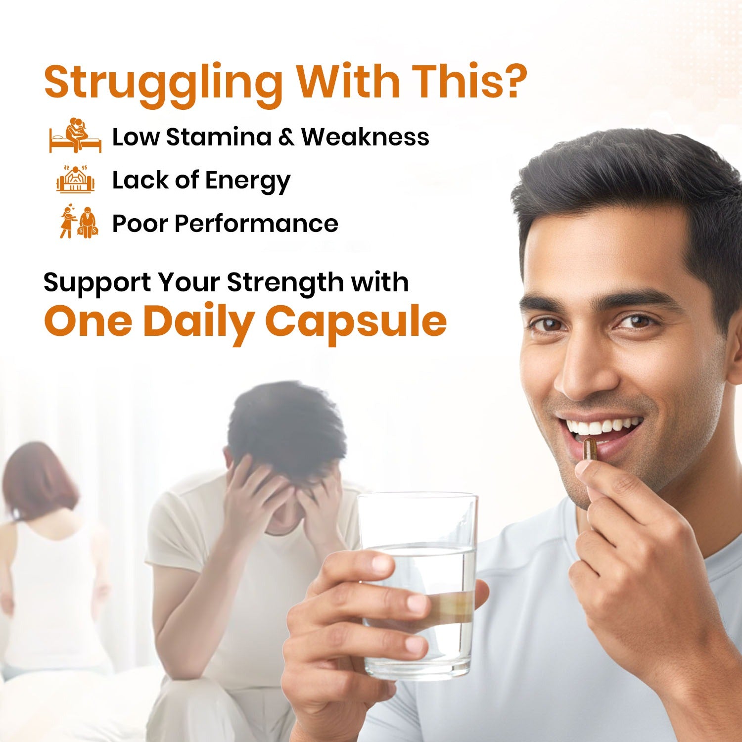 Advertisement showing a man taking a capsule with text about low stamina, lack of energy, and poor performance.