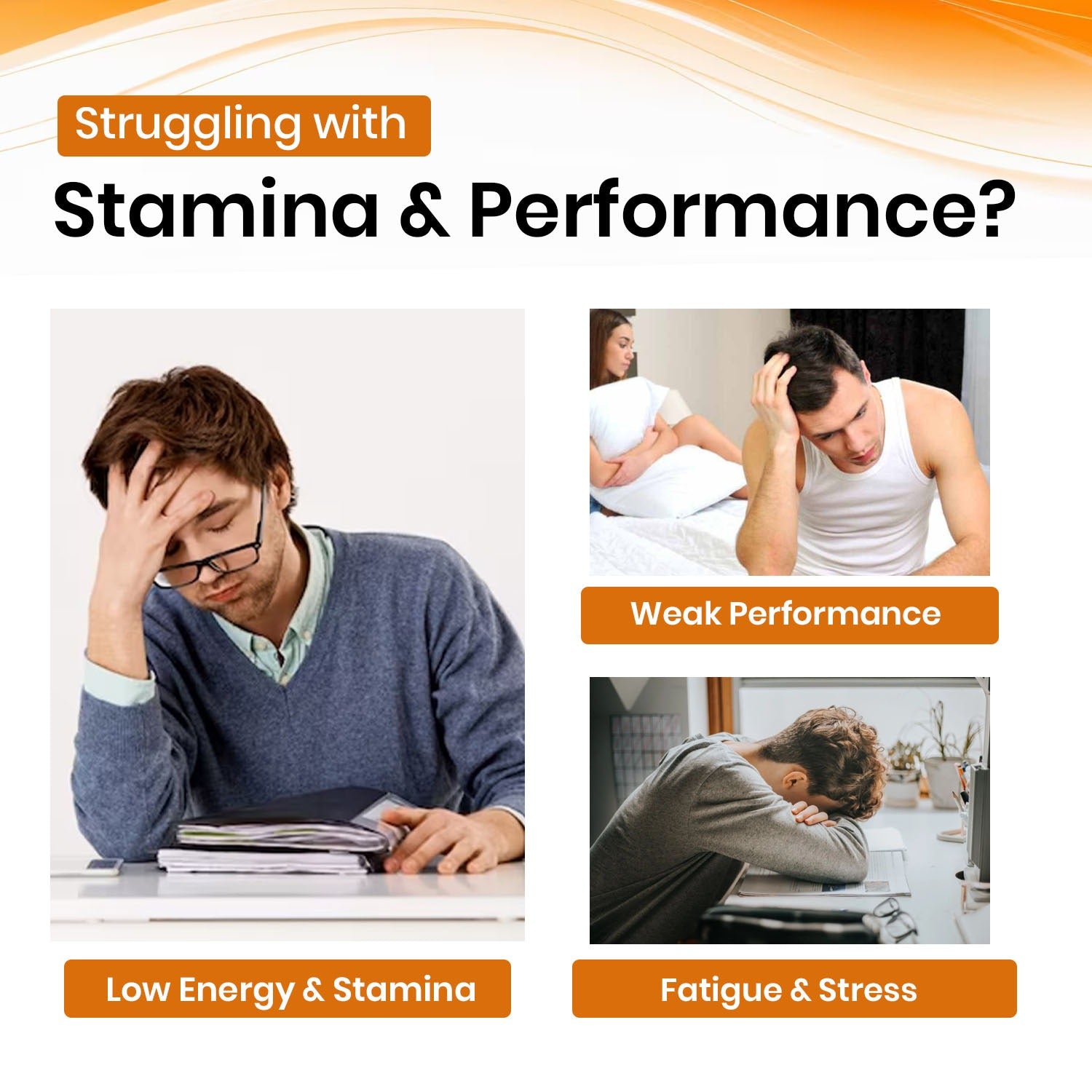 Promotional graphic about stamina and performance issues with people showing signs of fatigue.