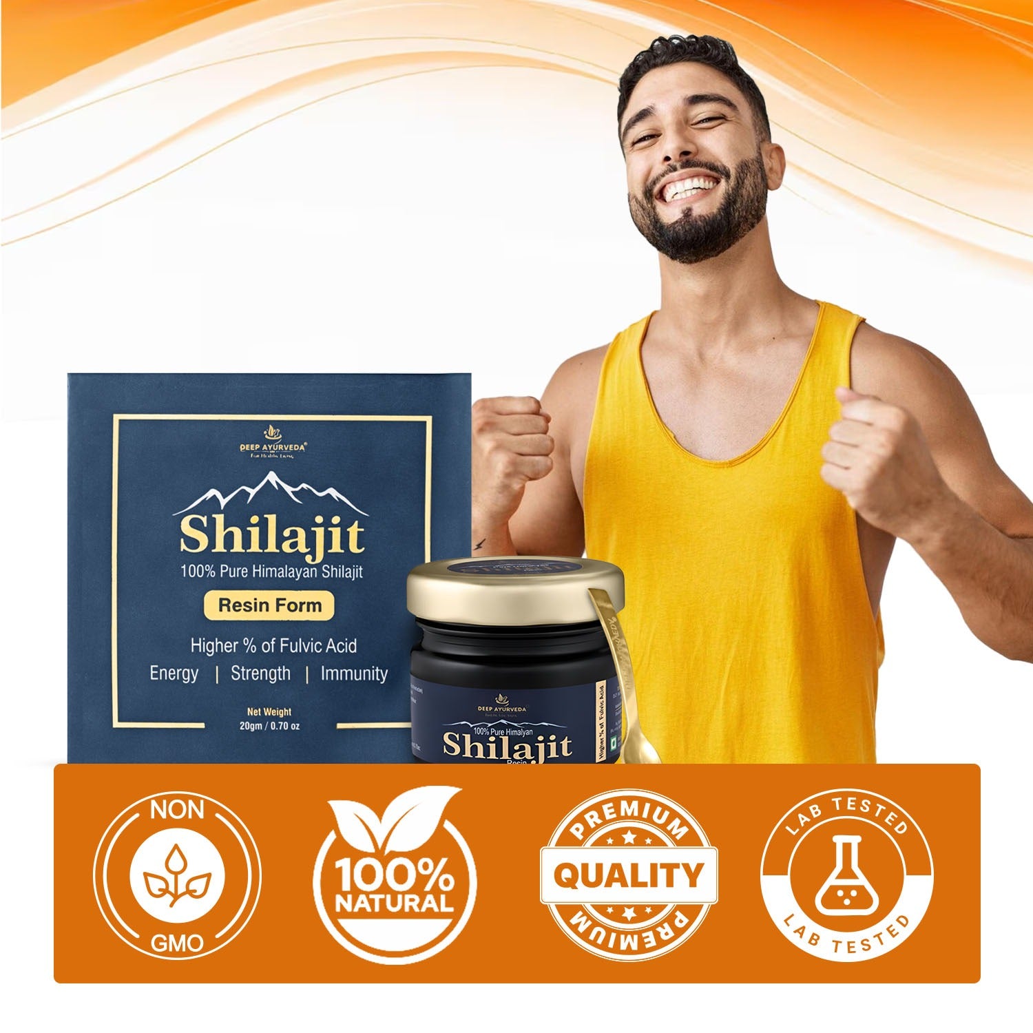 Man holding a container of Shilajit with product packaging and branding elements on an orange and white background.