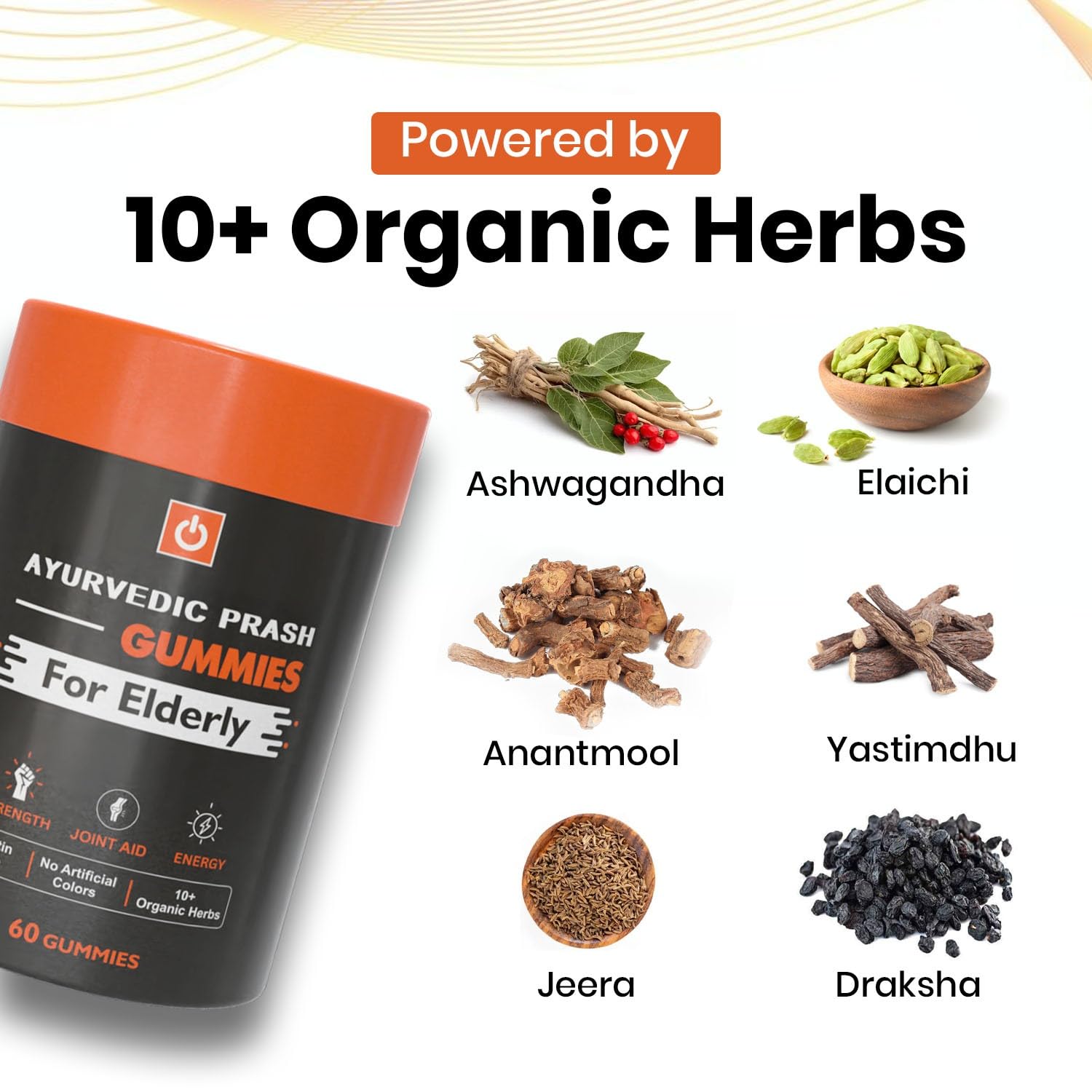 Ayurvedic Prash Gummies for Elderly with 10+ Organic Herbs on a white background