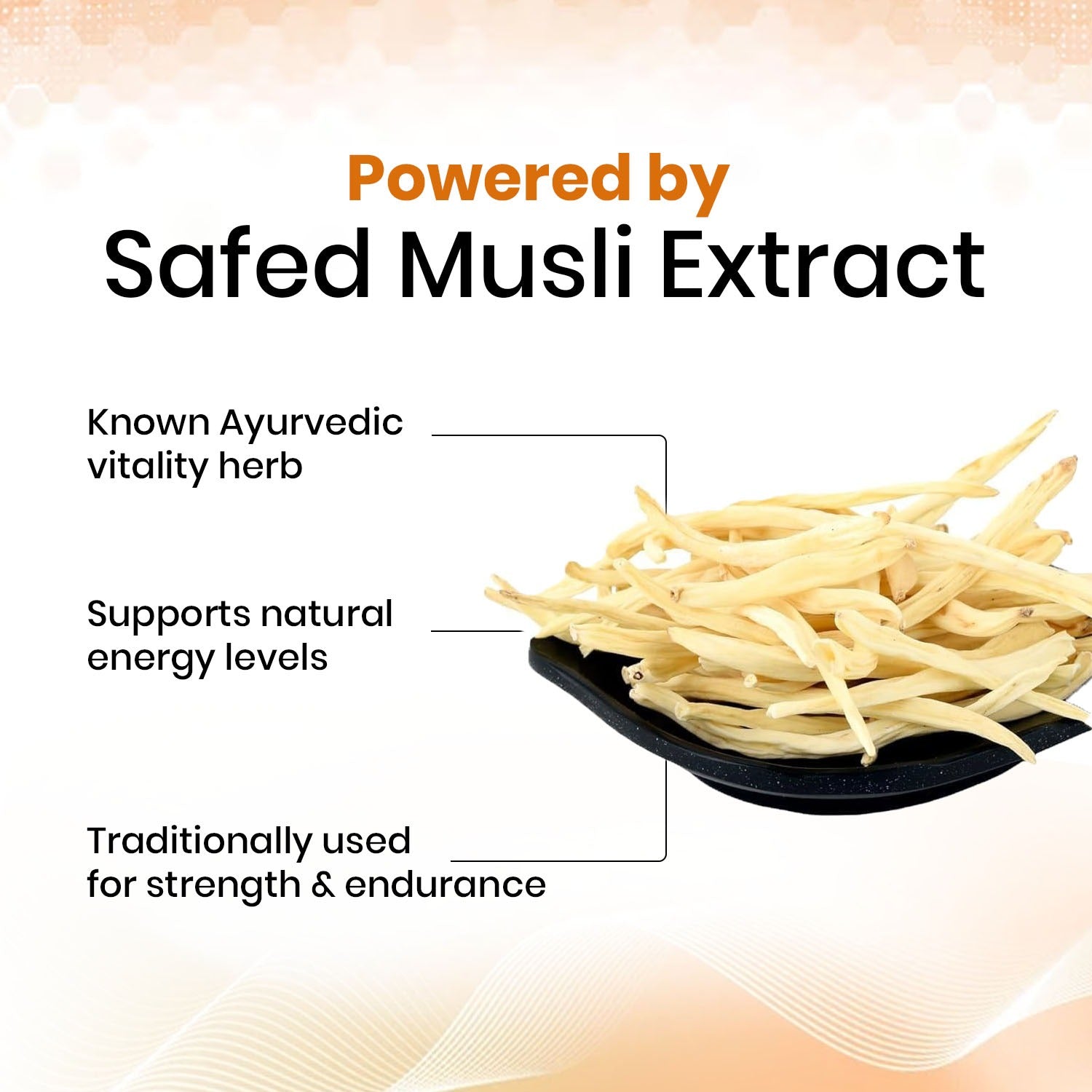 Safed Musli herb on a black plate with text about its benefits on an orange gradient background.