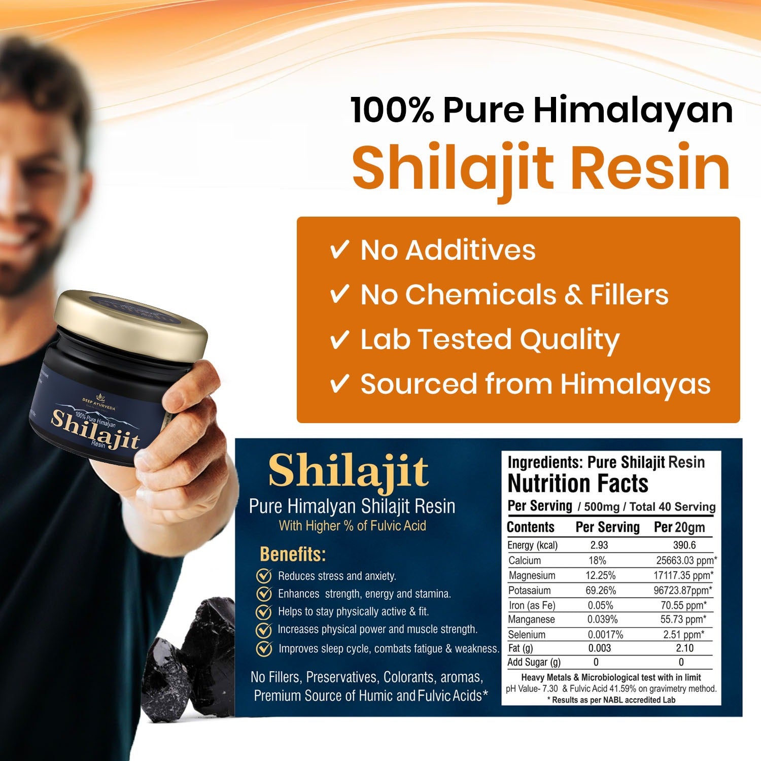 Person holding a jar of Shilajit resin with product details and benefits on an orange and white background