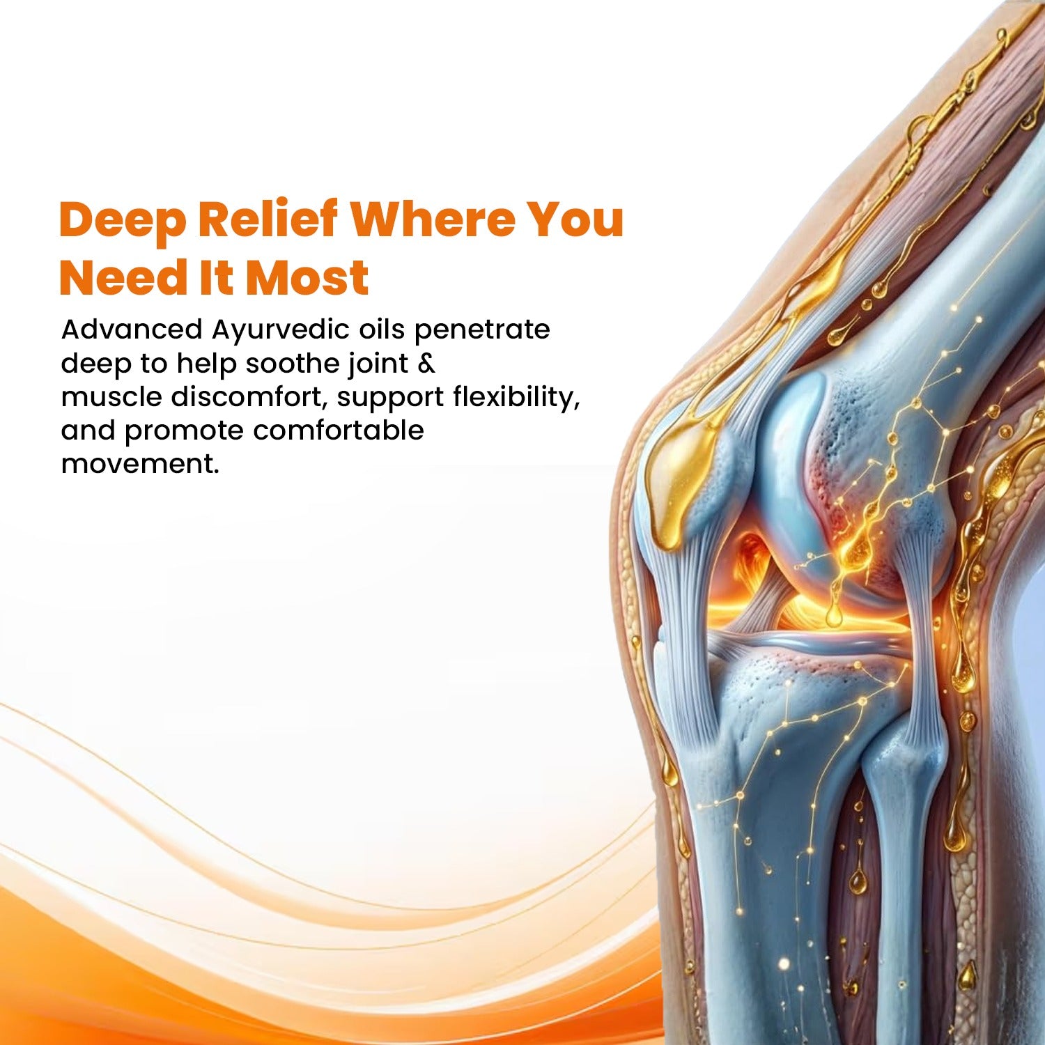 Promotional graphic for a joint relief product with text reading 'Deep Relief Where You Need It Most' and a detailed anatomical illustration of a knee showing golden oil flowing into the joint.