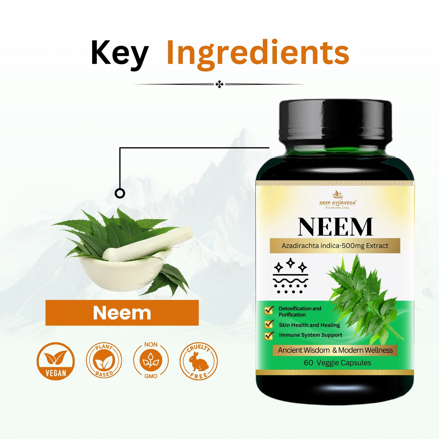 Neem Vegan Capsules - Supports Skin Health, Immunity & Detoxification - Deep Ayurveda India