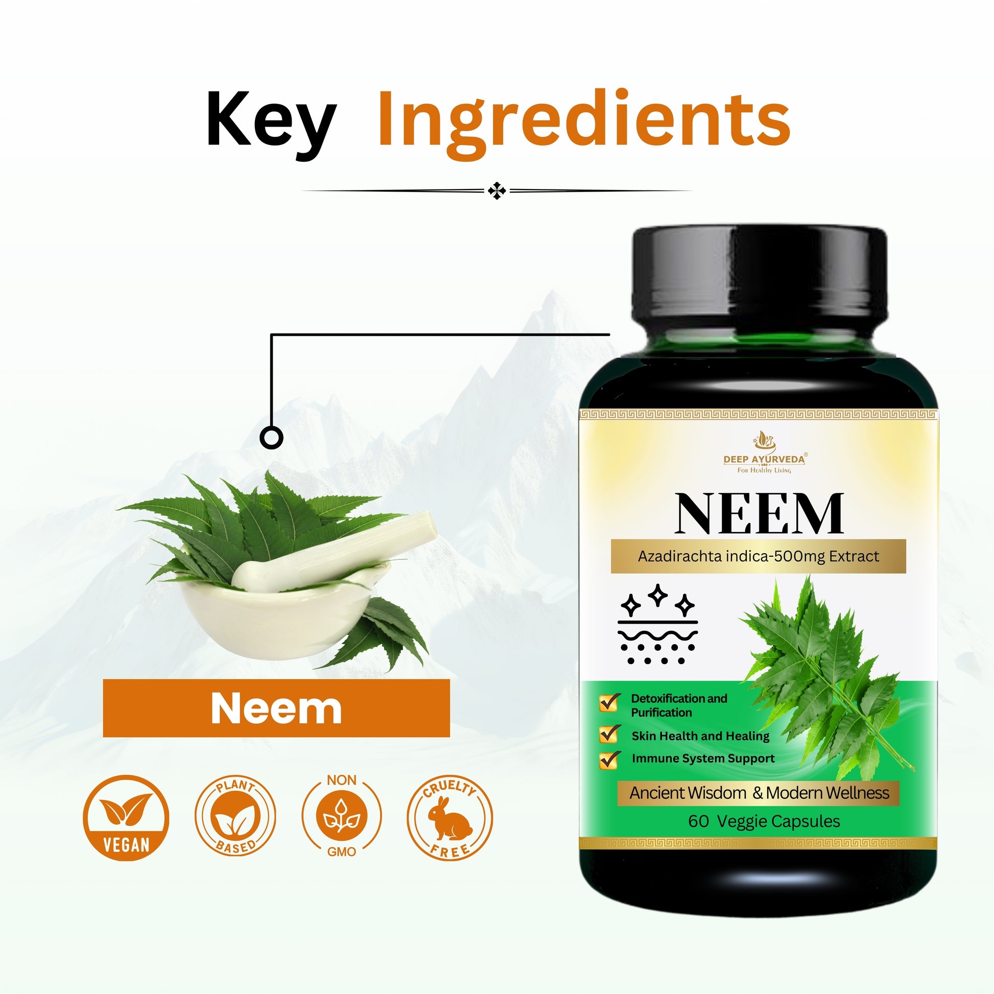 Neem Vegan Capsules - Supports Skin Health, Immunity & Detoxification - Deep Ayurveda India