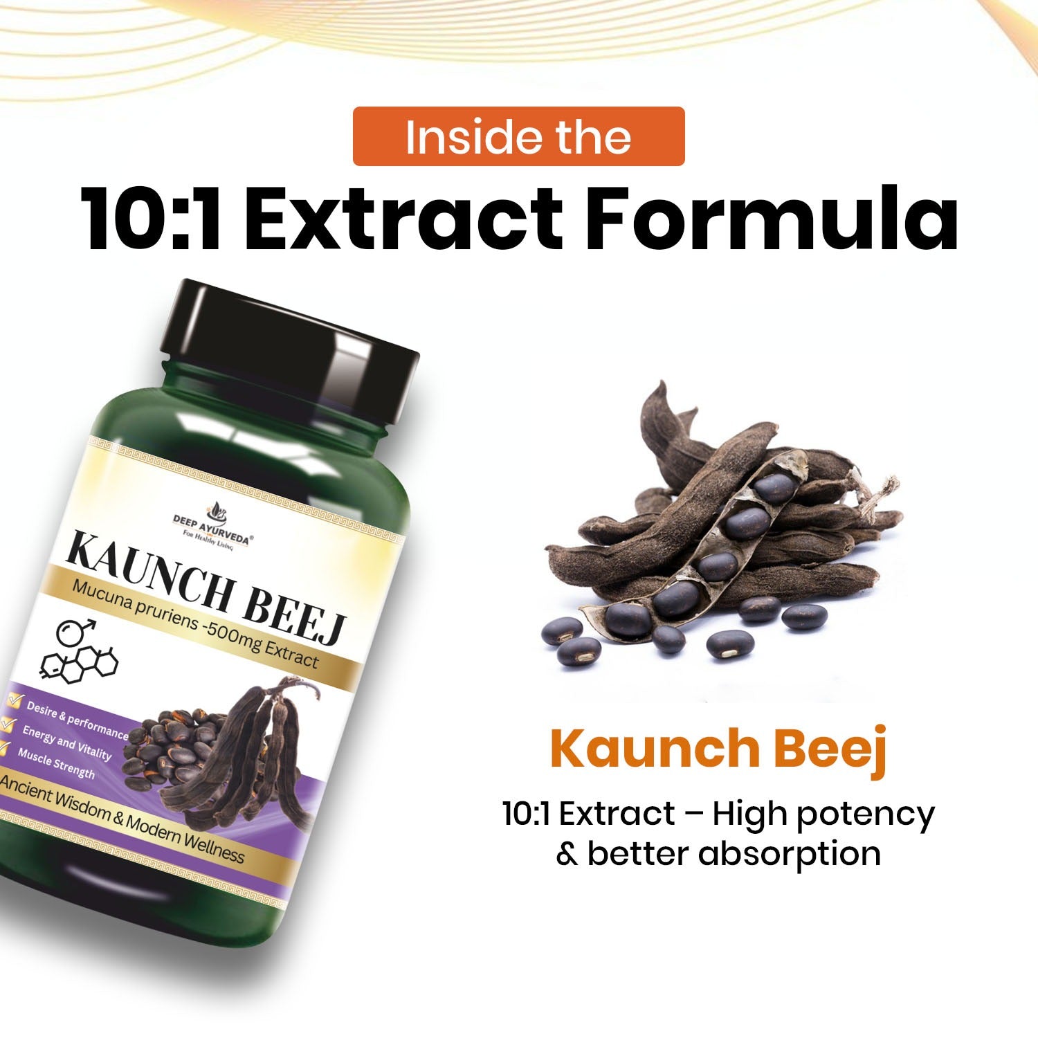 Bottle of Kaunch Beej with tamarind seeds on a white background