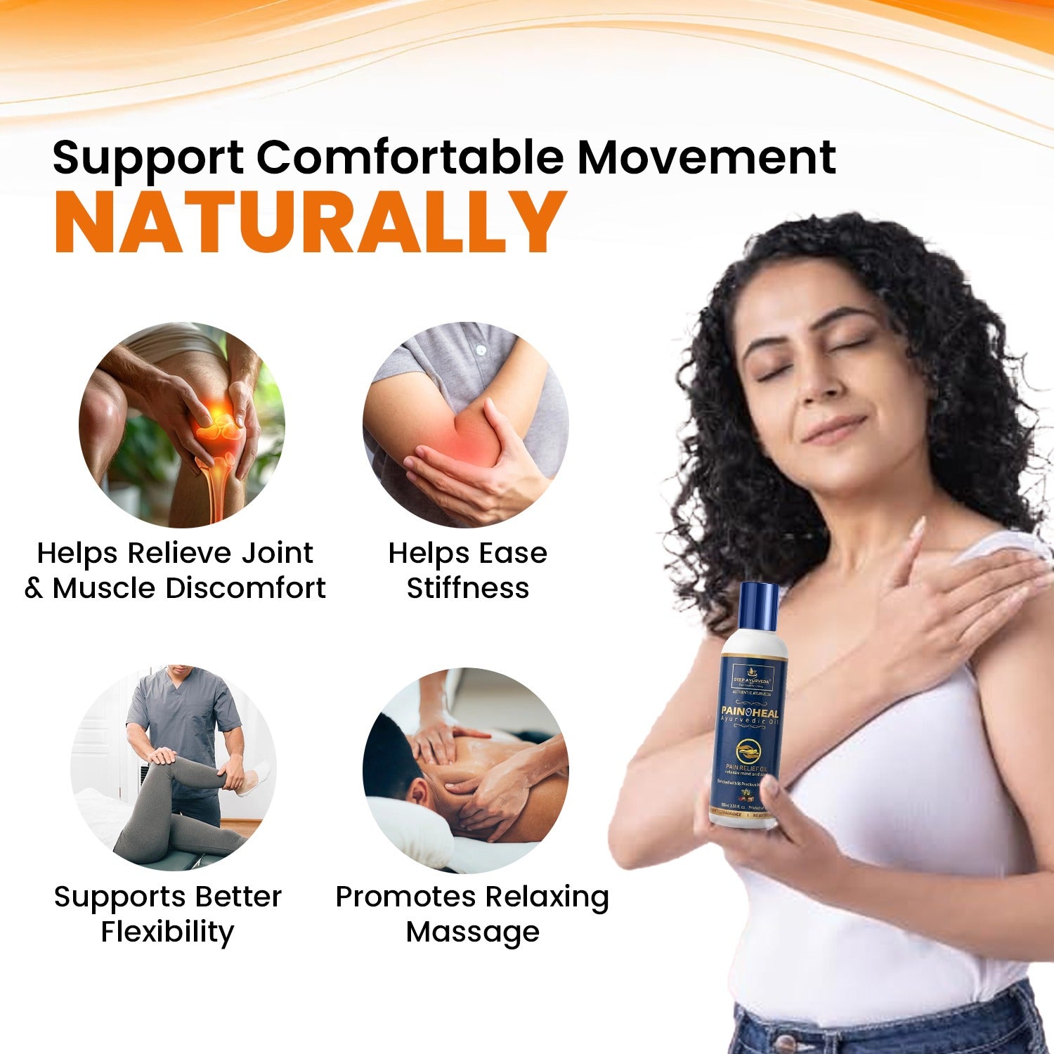 An advertisement for a natural joint and muscle relief massage oil. The right side features a woman holding a bottle of 'Panchamrutha Natural Joint & Muscle Oil' while massaging her shoulder.