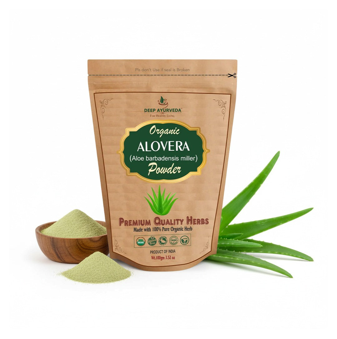 Package of Deep Ayurveda Alovera Powder with aloe vera leaves on a white background