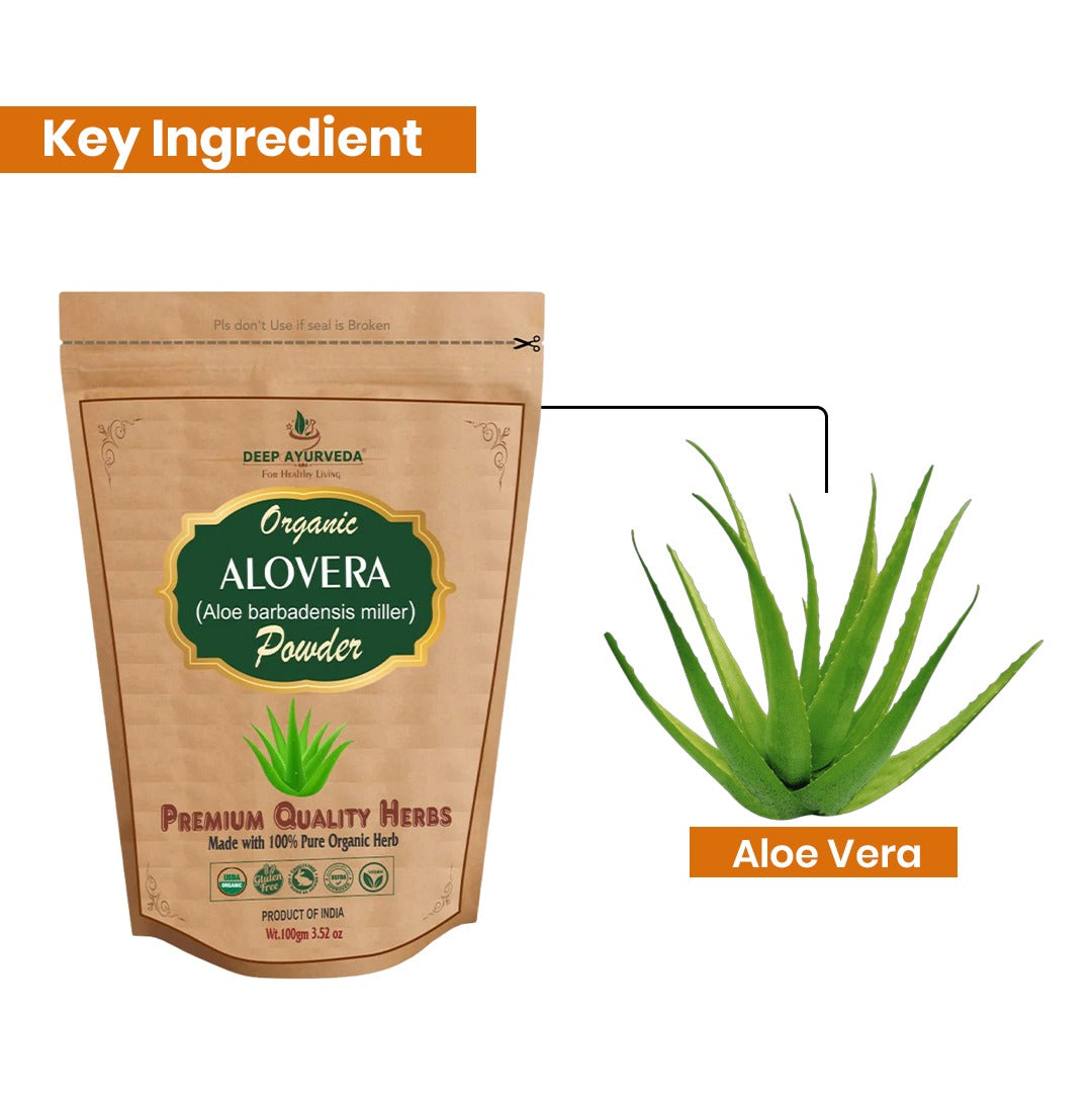 Aloevera powder package with aloe vera plant illustration on a white background