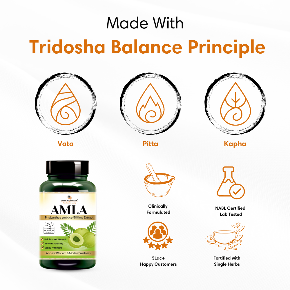 Amla vegan capsules by Deep Ayurveda boosts immunity, aids digestion and promotes skin health based on tridosha and sapt dhatu principle