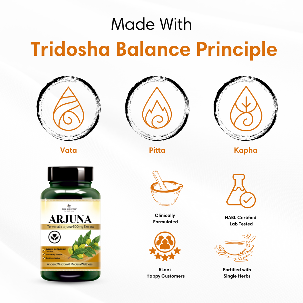 Arjuna vegan capsules by Deep Ayurveda supports heart health, blood circulation and cardiac wellness based on tridosha and sapt dhatu principle
