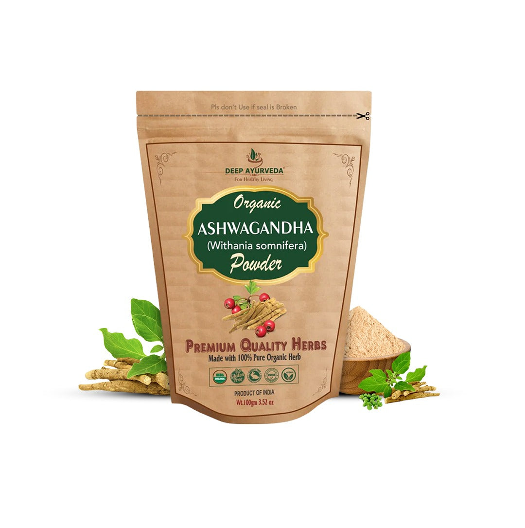 Package of Deep Ayurveda Organic Ashwagandha Powder with herbs on a white background