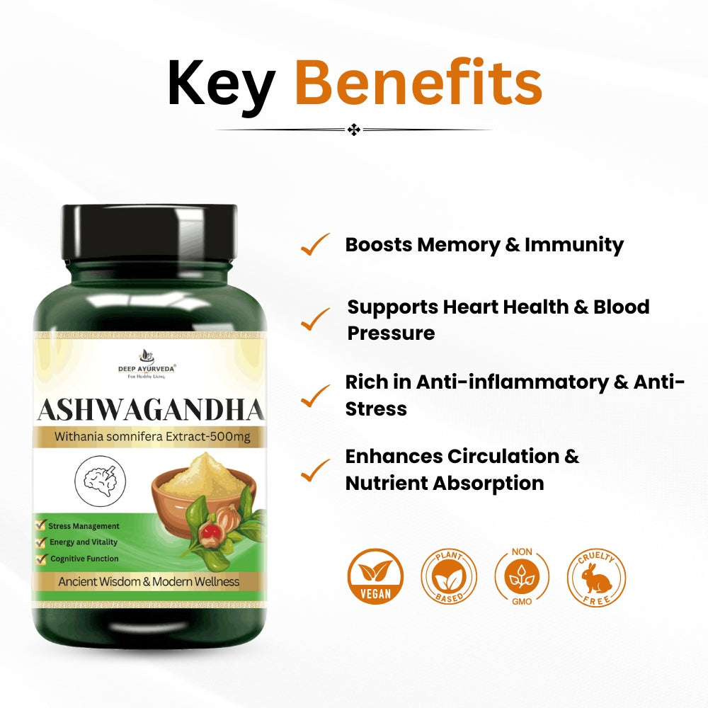 Ashwagandha vegan capsules for stress relief, immunity and mental clarity key benefits by Deep Ayurveda