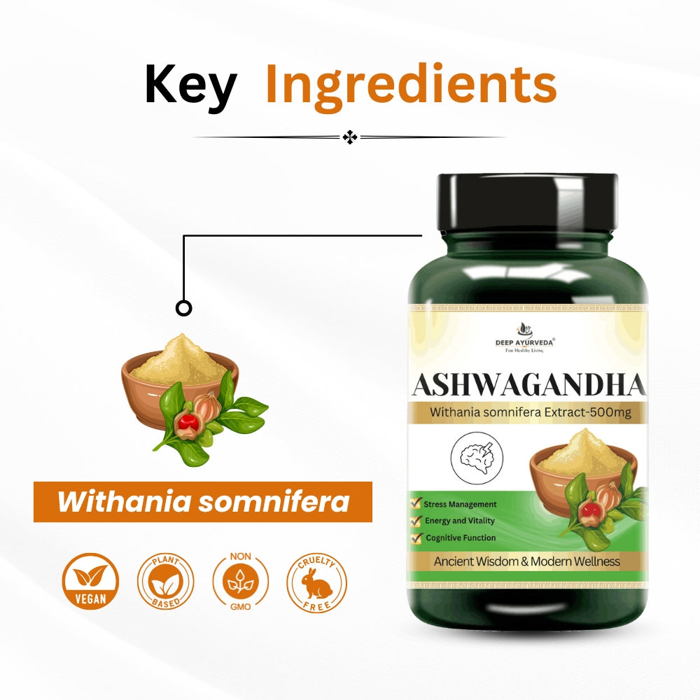 Ashwagandha vegan capsules for stress relief, immunity and mental clarity key ingredients by Deep Ayurveda