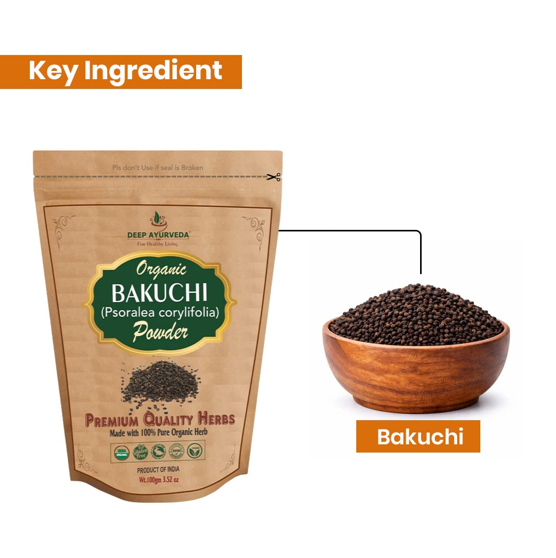 Bakuchi powder packaging with a bowl of bakuchi seeds on a white background