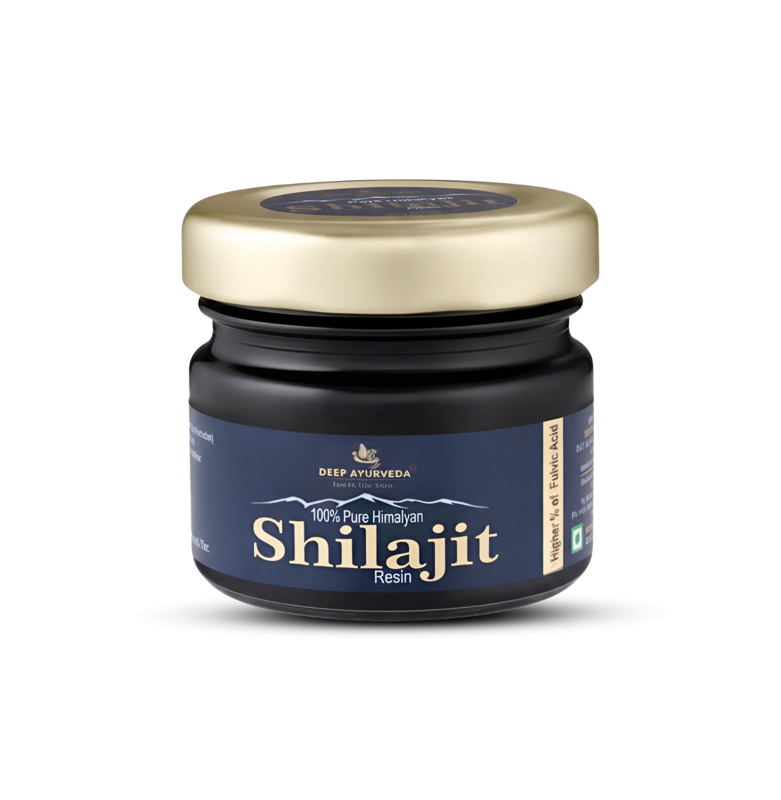 Jar of Shilajit resin with a gold lid on a white background