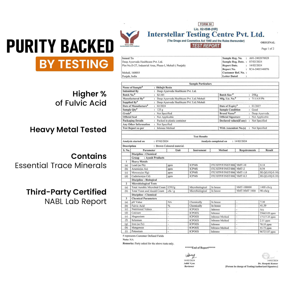 Lab report with text highlighting product features on a white background