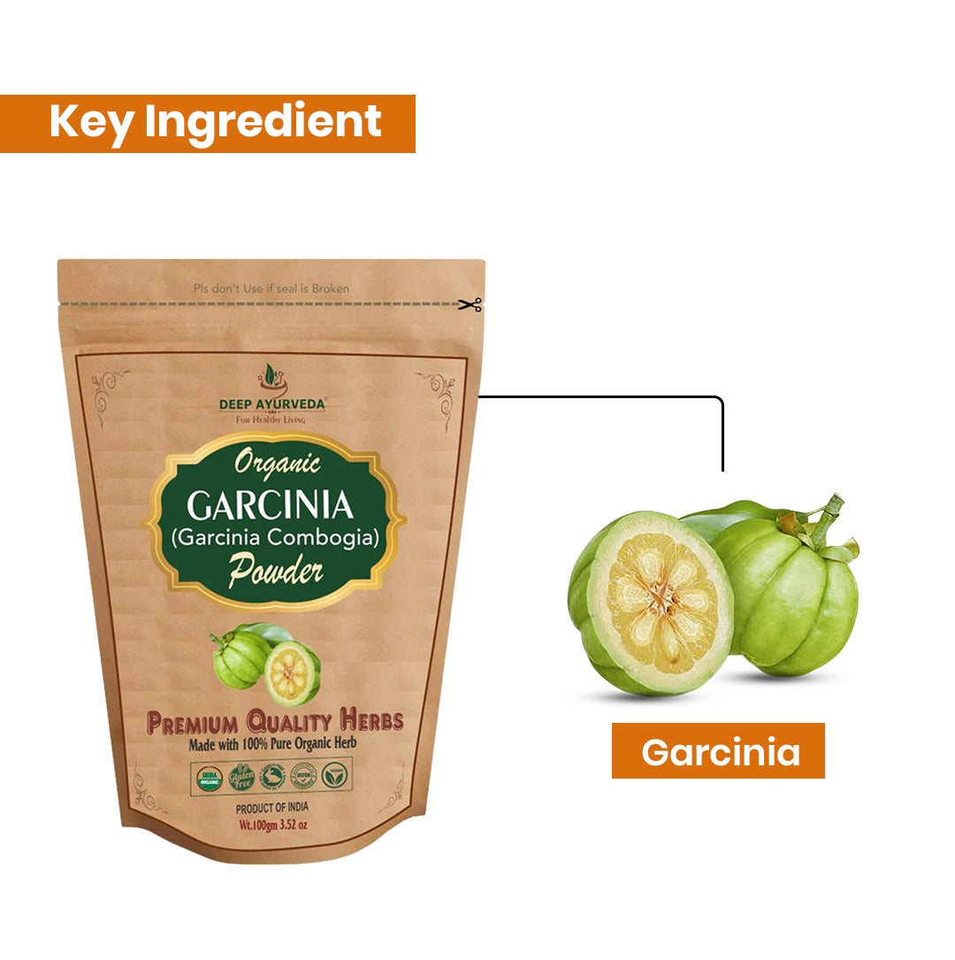 Garcinia powder package with key ingredient highlighted on a white background
