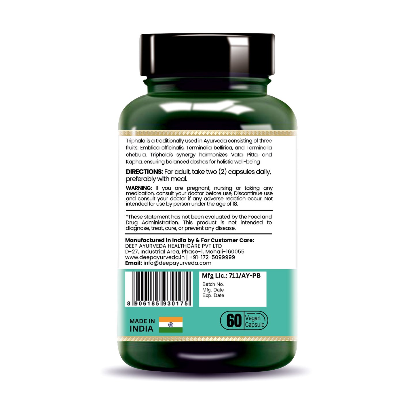 Triphala Vegan Capsules - Supports Digestion, Detoxification & Bowel Health - Deep Ayurveda India