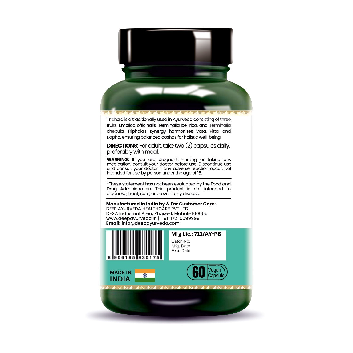 Triphala Vegan Capsules - Supports Digestion, Detoxification & Bowel Health - Deep Ayurveda India