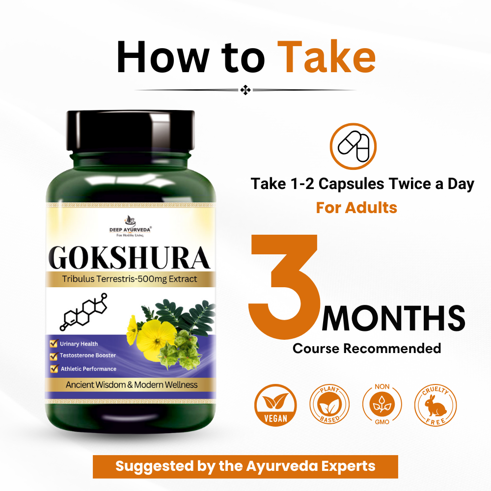 Gokshura vegan capsules by Deep Ayurveda boosts vitality, muscle strength, reproductive health 3 months course recommended by doctors 