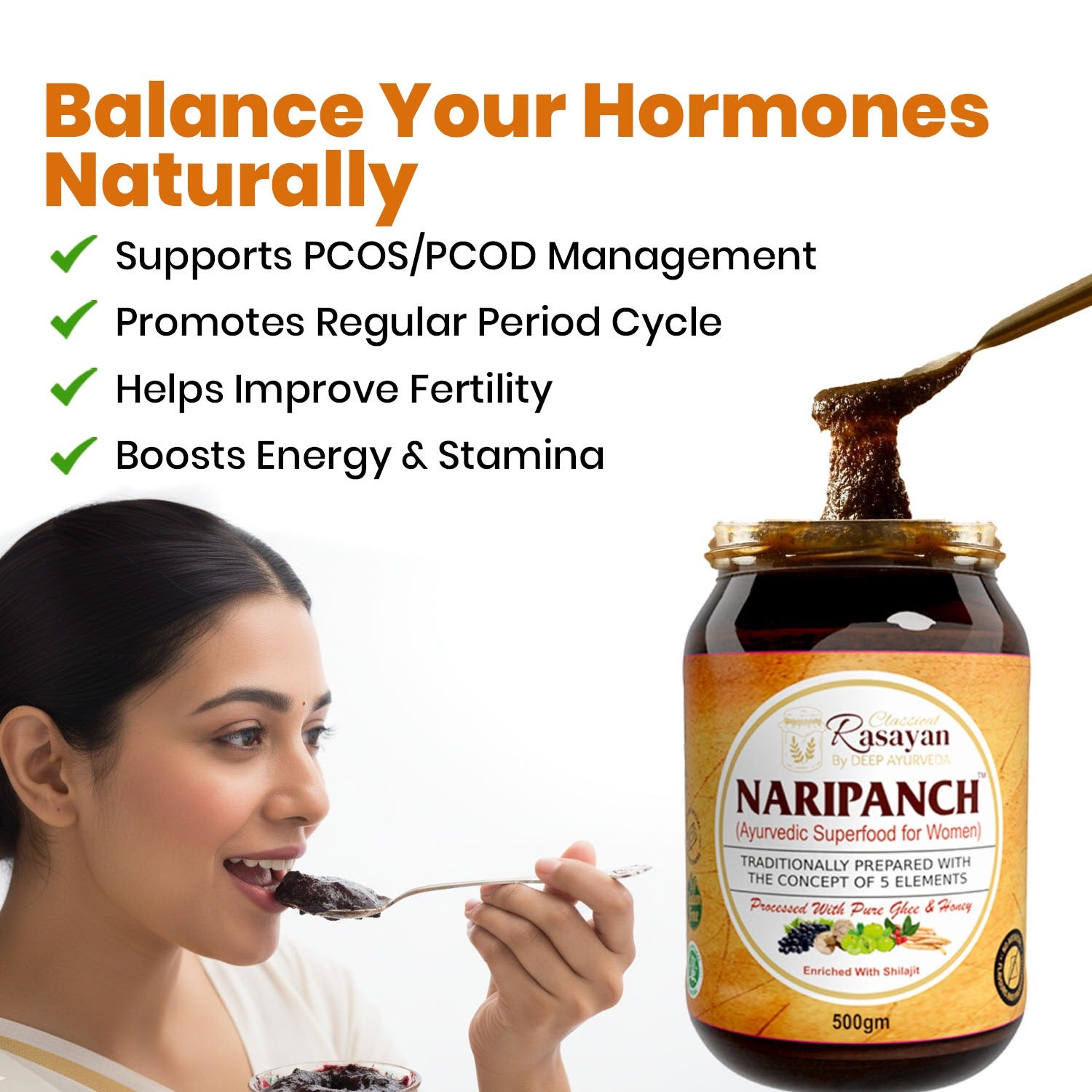 Woman eating a spoonful of a product with a jar labeled 'Naripanch' in the background, promoting hormonal balance and health benefits.