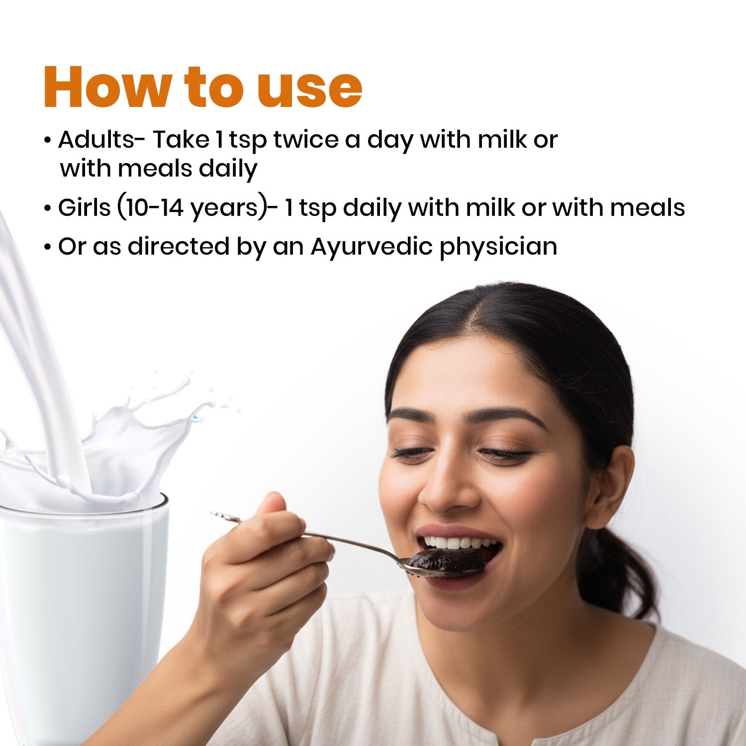 Woman eating a spoonful of a white substance with text on how to use it, including directions for adults and girls.