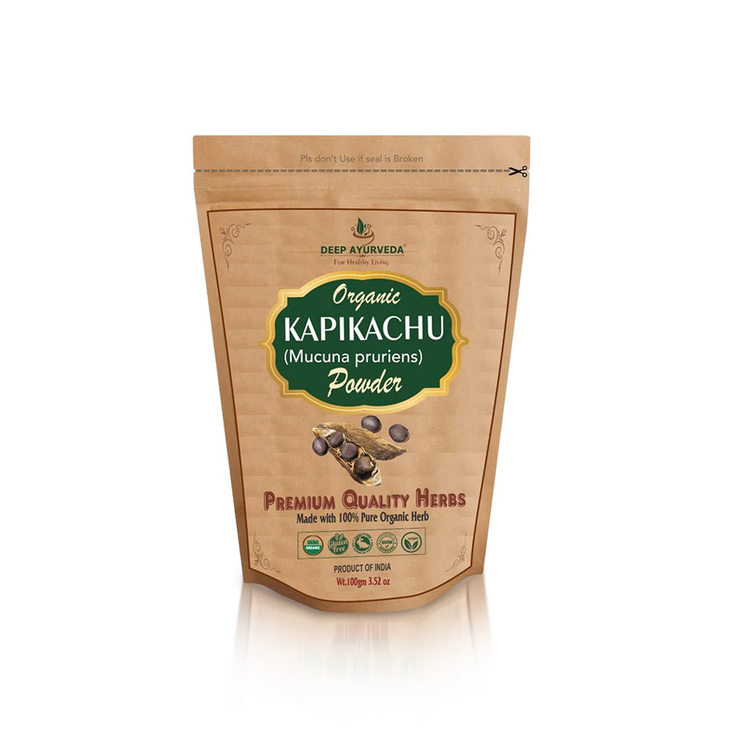 Kapikachu powder packaging with Deep Ayurveda branding on a white background