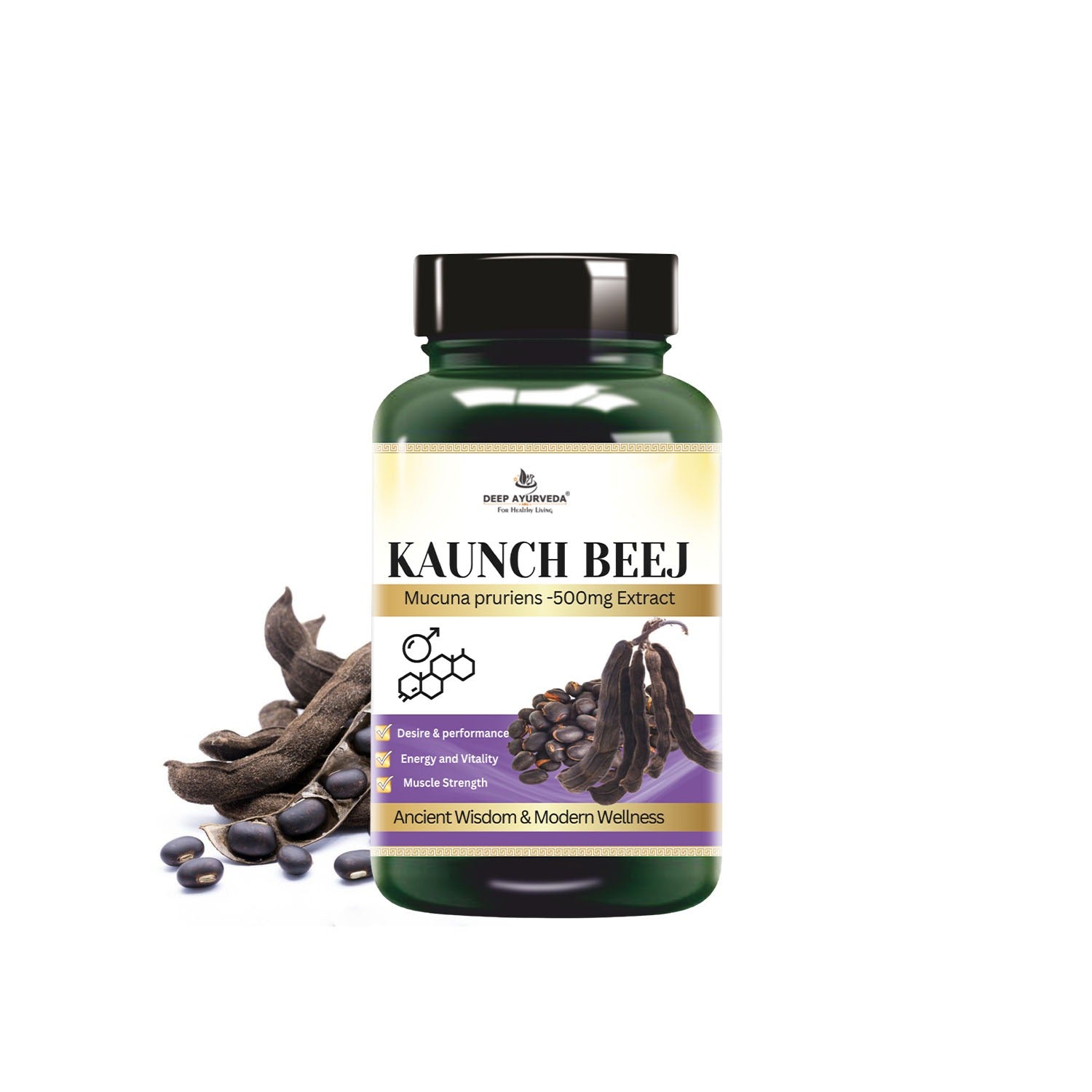 Bottle of Kaunch Beej supplement with packaging on a white background