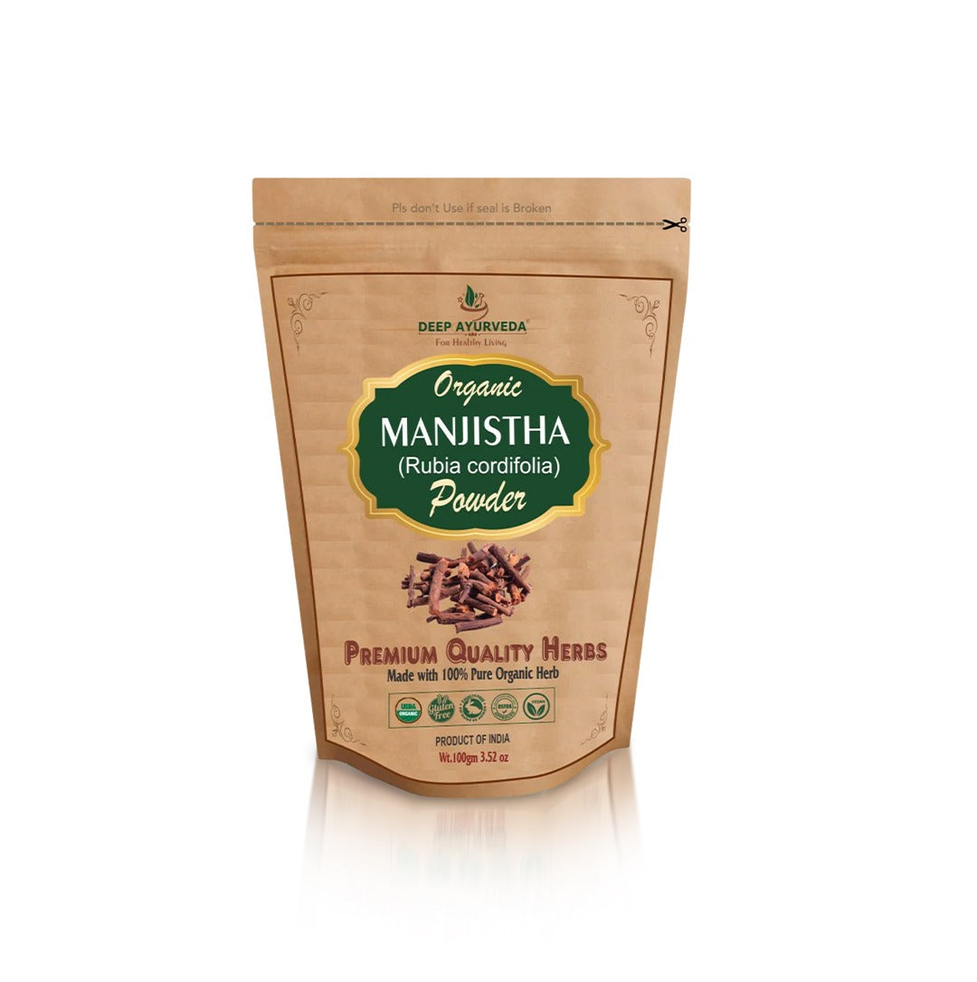 Package of Deep Ayurveda Organic Manjistha Powder on a white background