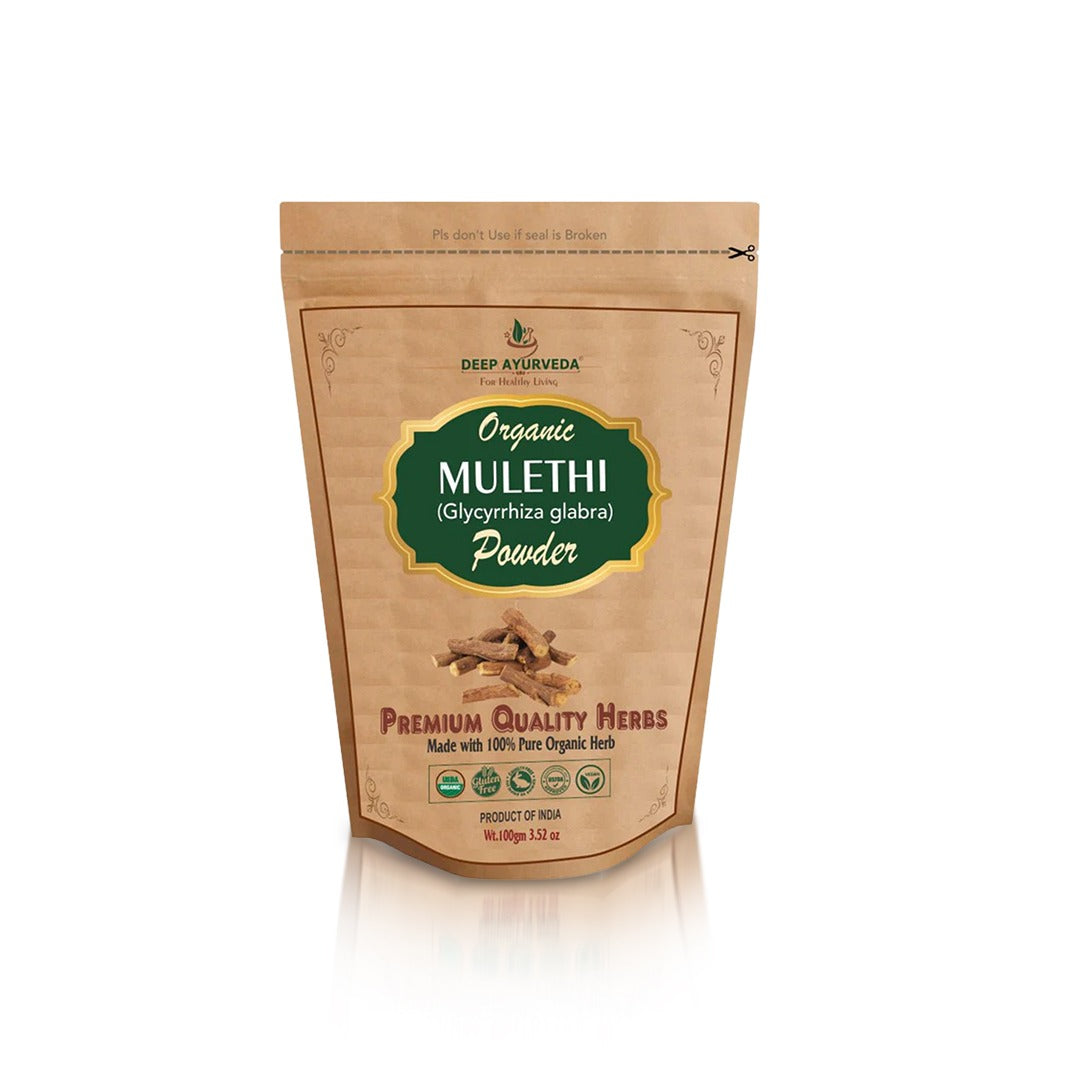 Package of Deep Ayurveda Organic Mulethi Powder on a white background