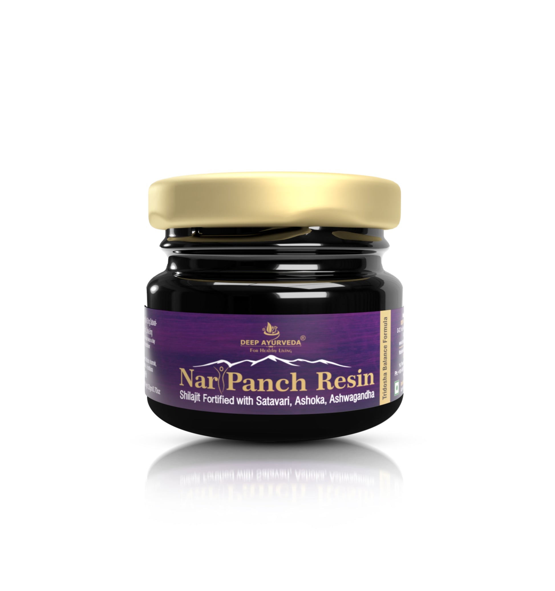 Jar of Nari Panch Resin with a gold lid on a white background