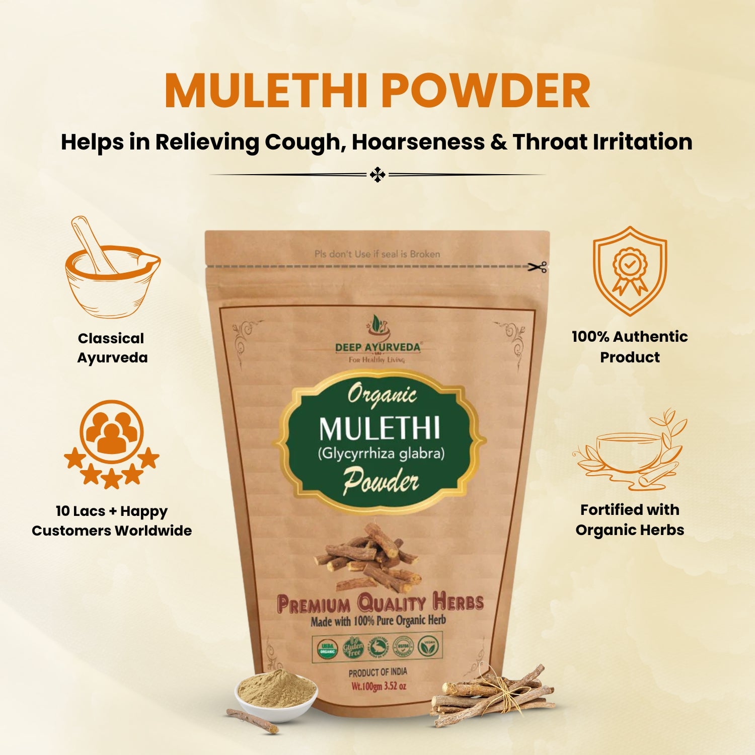 Mulethi powder packaging with product details on a beige background