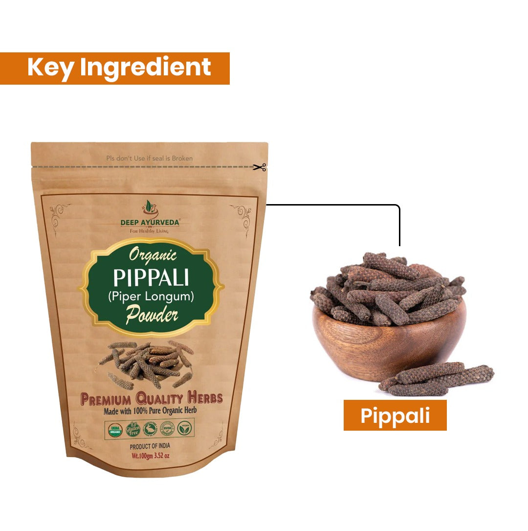 Pouch of Deep Ayurveda Organic Pippali Piper Longum Powder with a bowl of pippali on a white background