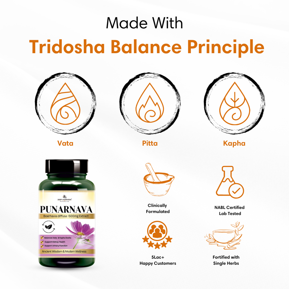 Punarnava vegan capsules by Deep Ayurveda promotes kidney health, detoxification and urinary wellness based on tridosha and sapt dhatu principle