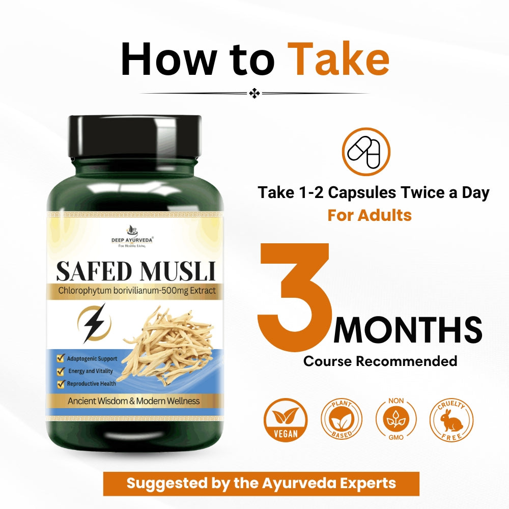Safed musli vegan capsules enhances stamina, strength & vitality 3 months course recommended by doctors 