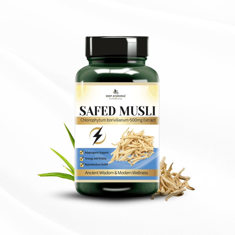 Safed musli vegan capsules enhances stamina, strength & vitality by Deep Ayurveda