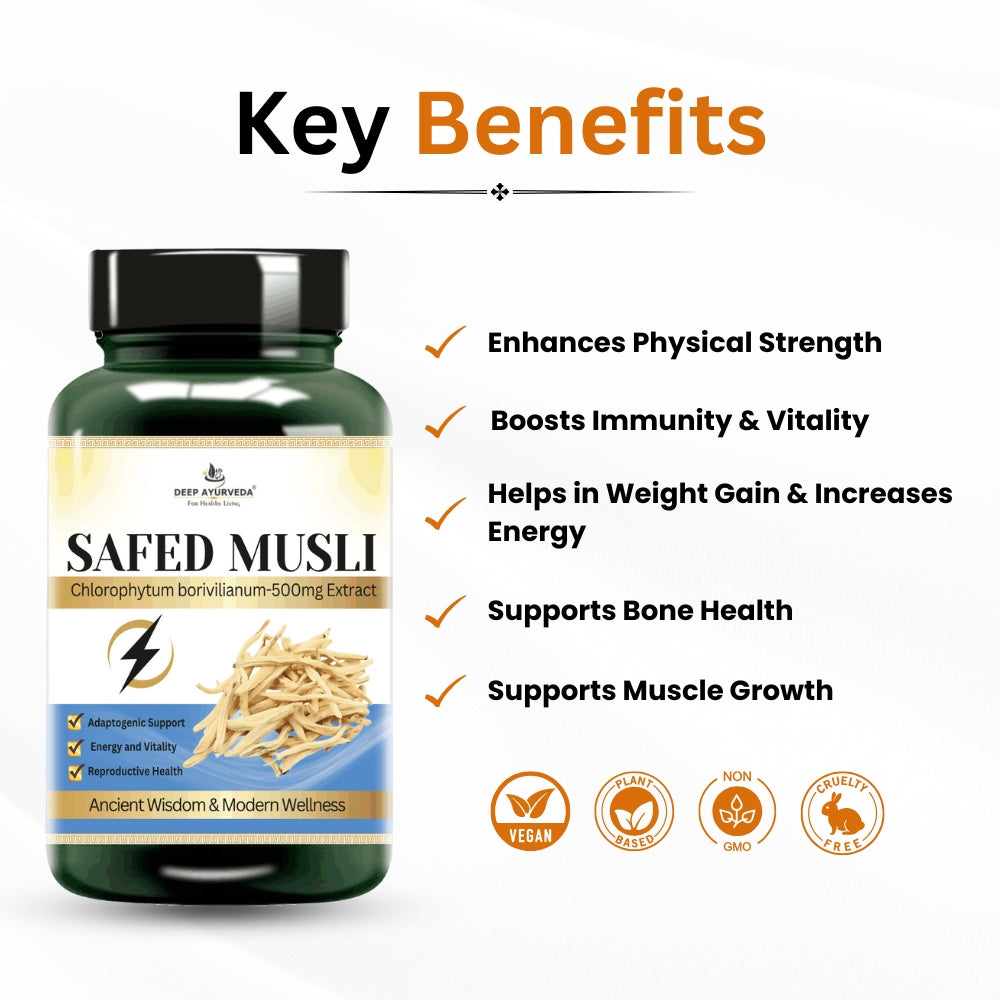 Safed musli vegan capsules enhances stamina, strength & vitality key benefits by Deep Ayurveda