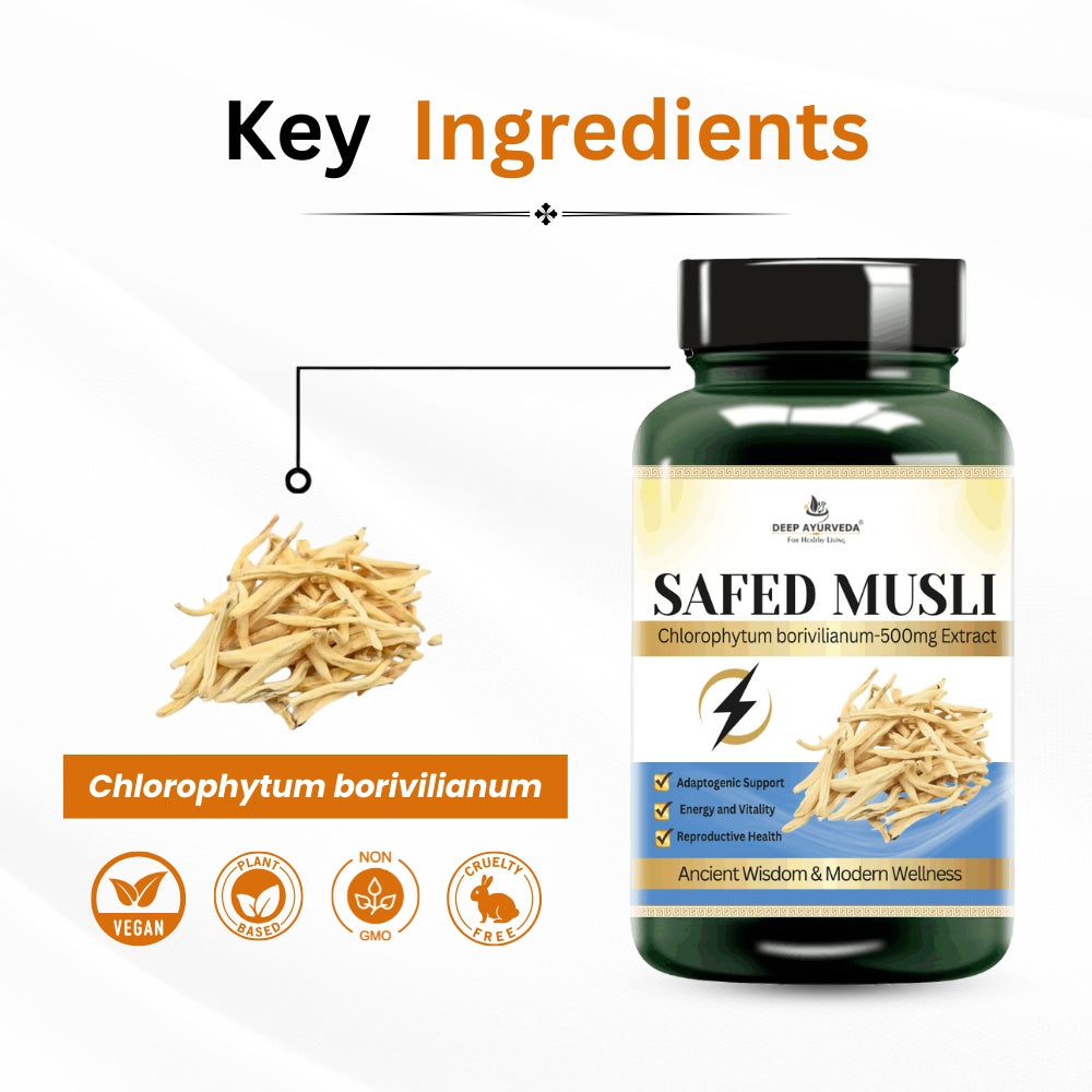 Safed musli vegan capsules enhances stamina, strength & vitality key ingredients by Deep Ayurveda